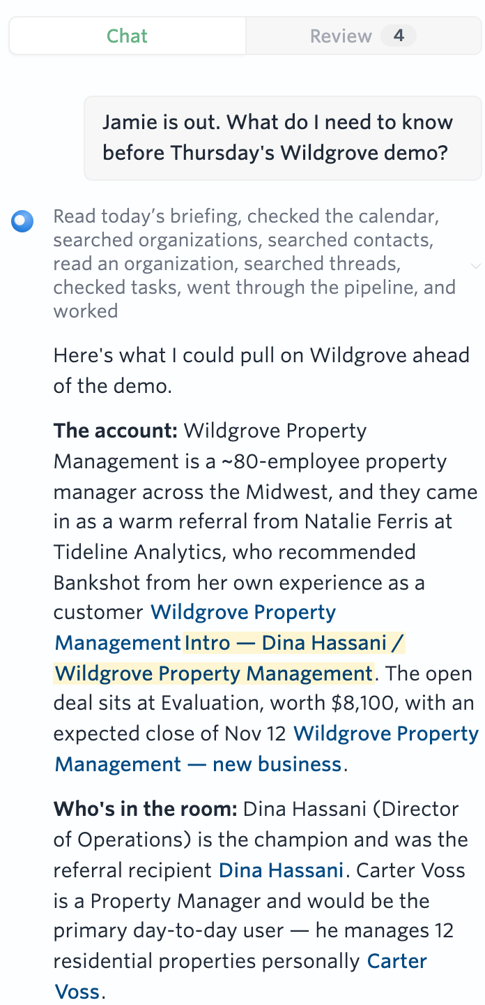 Ask Carom answering “Jamie is out. What do I need to know before Thursday’s Wildgrove demo?” with the account, the open deal, and the people attending, each linked to its source.