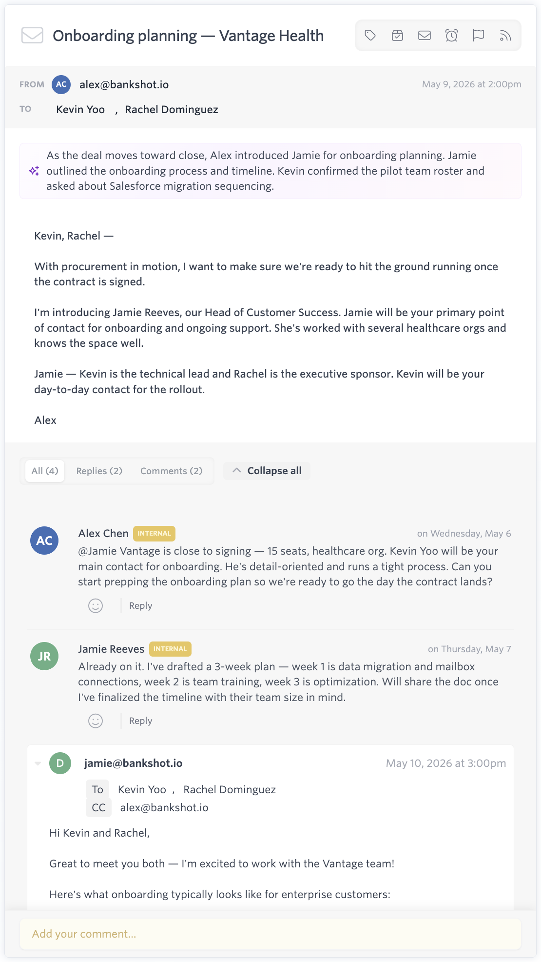 A shared email thread in Carom showing an AI summary at the top, the email body, internal team comments, and threaded replies.