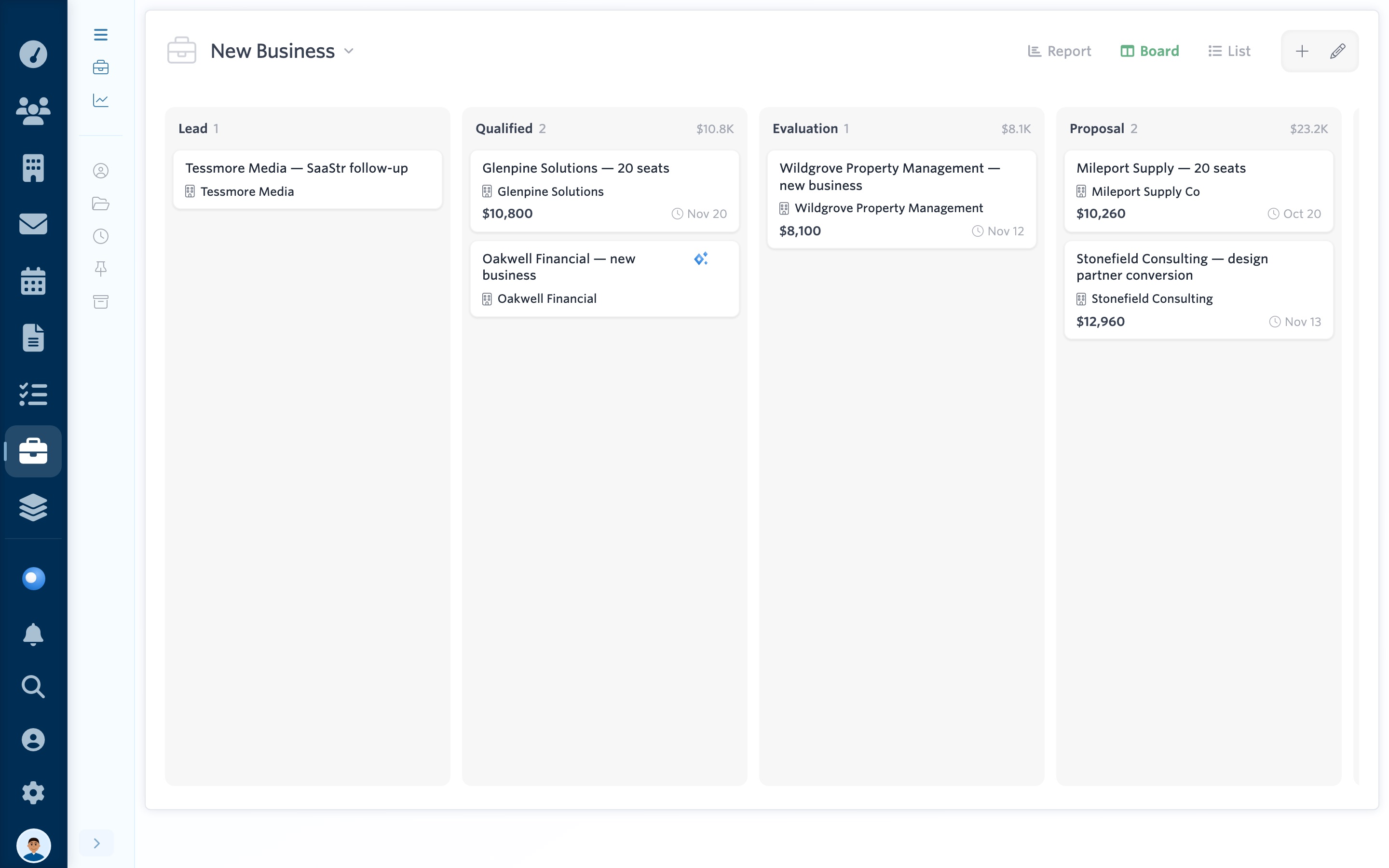 A New Business pipeline board in Carom with deals in Lead, Qualified, Evaluation, and Proposal stages, each with its organization, amount, and close date.