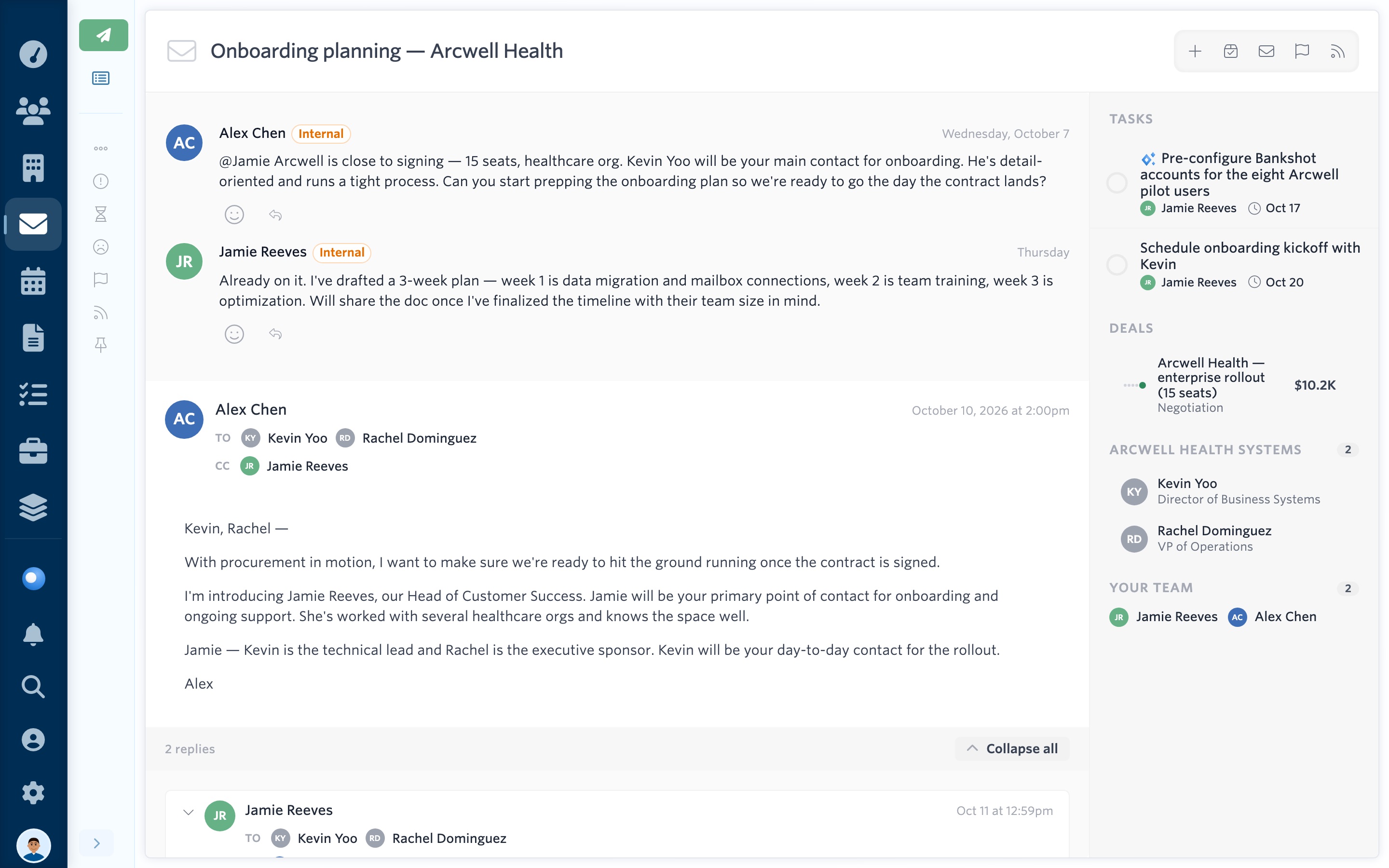 An email thread in Carom with internal notes above the message, related tasks, the deal it belongs to, and the participants grouped by organization.