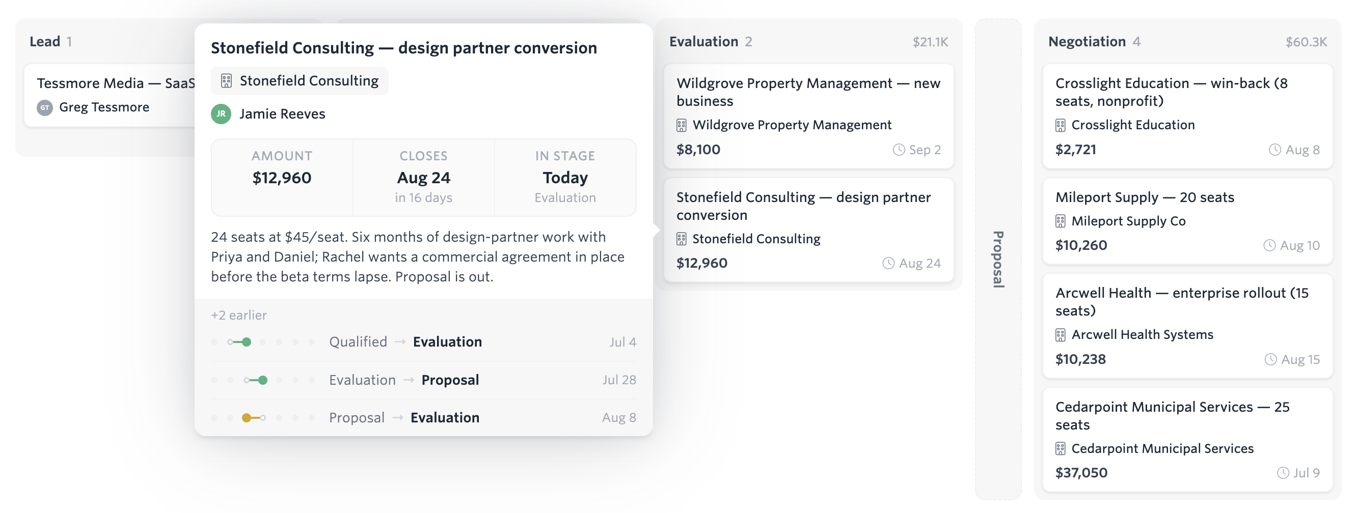 The pipeline board with a deal details card open for Stonefield Consulting, including amount, close date, notes, and stage history.