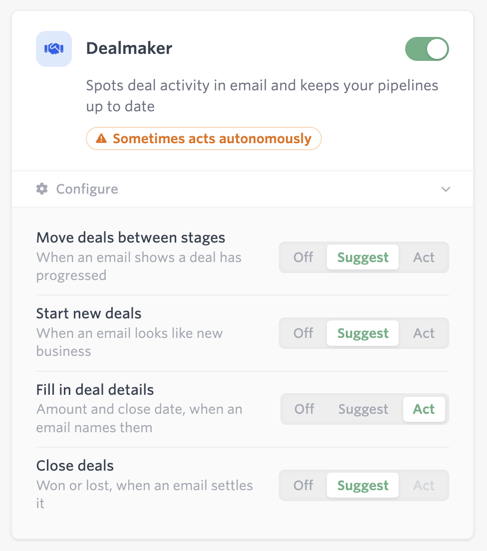 Dealmaker agent settings with Off, Suggest, and Act toggles: Suggest for moving deals between stages, starting new deals, and closing deals; Act for filling in deal details.