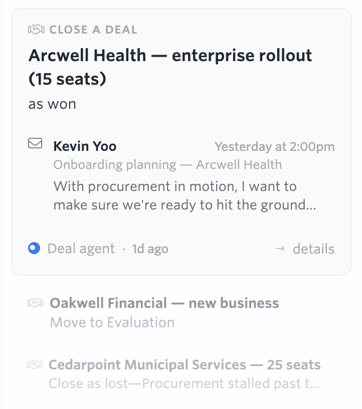 A proposal card suggesting that the Arcwell Health deal be closed as won, citing an email from Kevin Yoo about onboarding planning, with two more proposals queued below it.
