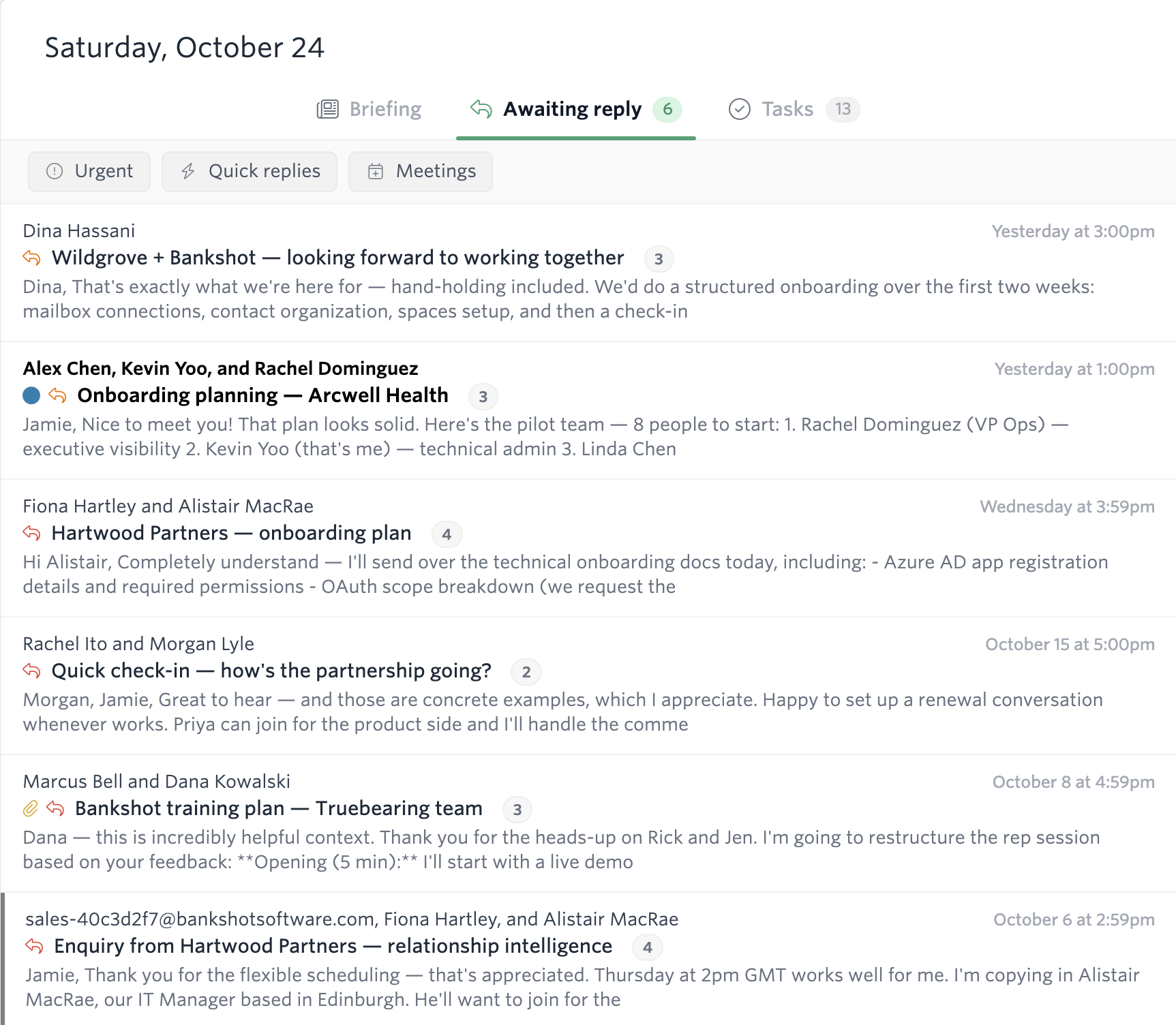 The overview's Awaiting reply tab with six emails, each marked with a reply icon, and Urgent, Quick replies and Meetings chips above the list.