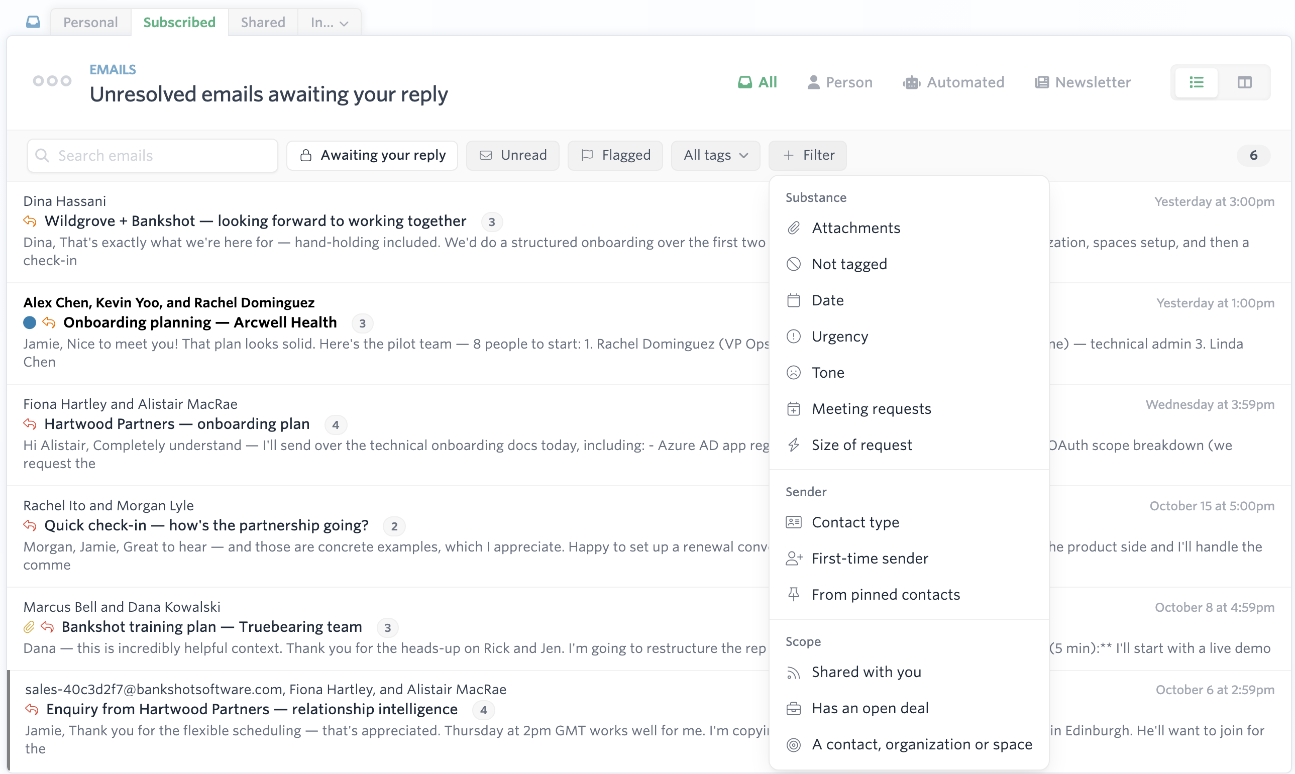 The Awaiting your reply email list with the Filter menu open, showing Urgency, Tone, Meeting requests and Size of request filters alongside sender and scope filters, and Person, Automated and Newsletter tabs at the top.