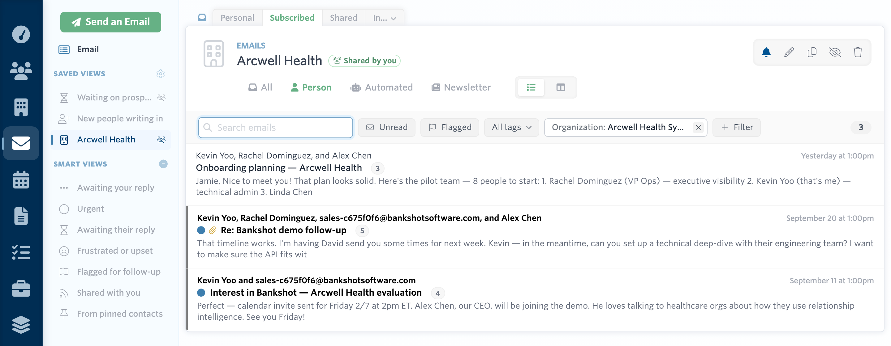 The Carom email list opened to a saved view named Arcwell Health, marked Shared by you, filtered to email from people at Arcwell Health Systems. The sidebar lists three saved views above the built-in smart views.